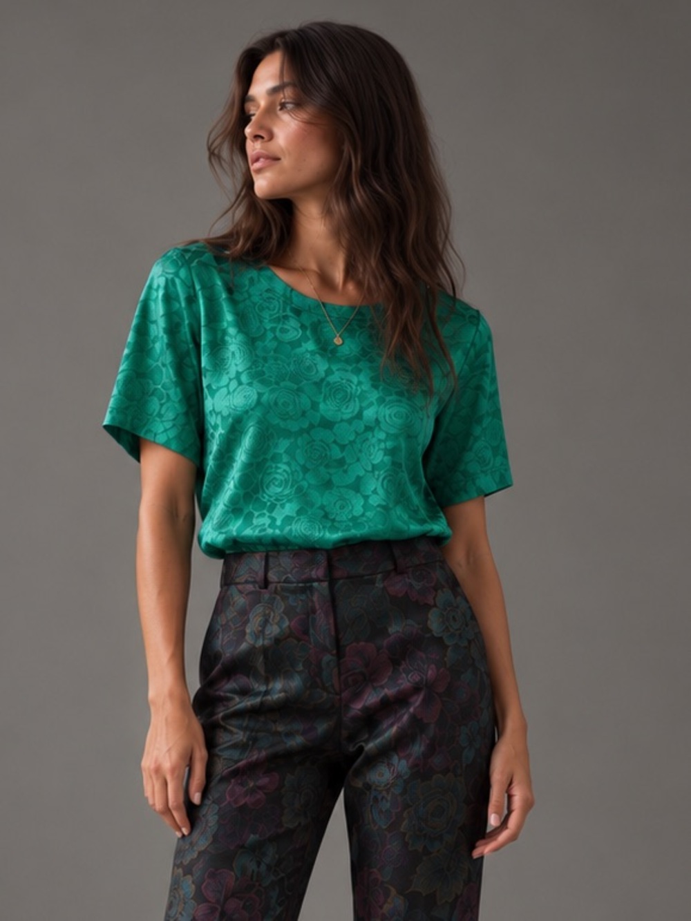 Vintage Argenti Emerald Green 100% Silk Floral Jacquard Blouse Size 4